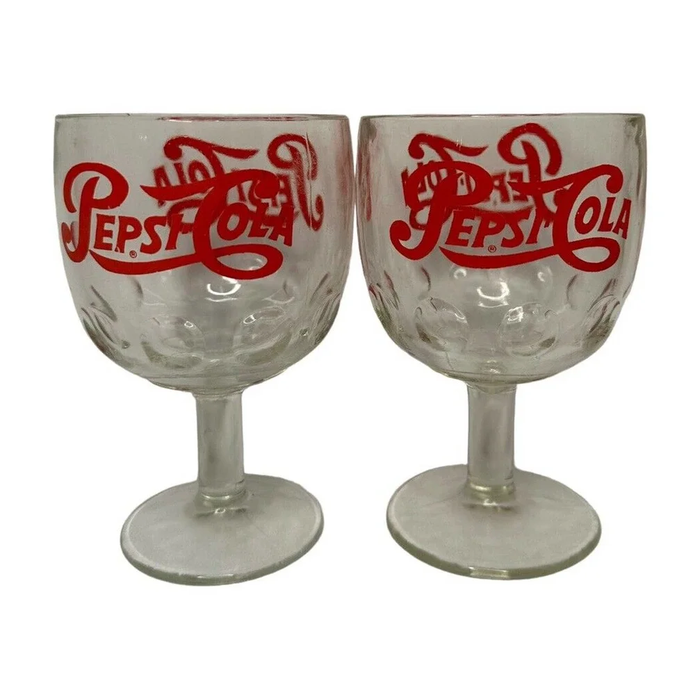 Vintage‎ Pair of Retro Logo PEPSI COLA Soda Fountain Thumbprint Glass Goblets